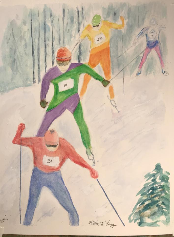 Martha R. Lang - Watercolors - Winning A Ski Race