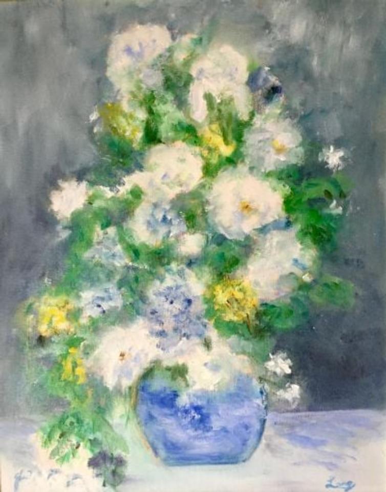 Martha R. Lang - Still Life - Blue Vase With Flowers