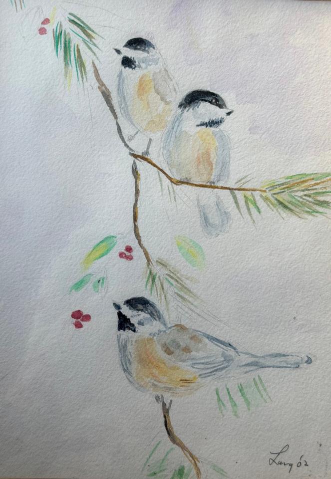 Martha R. Lang - Watercolors - Three Chickadees
