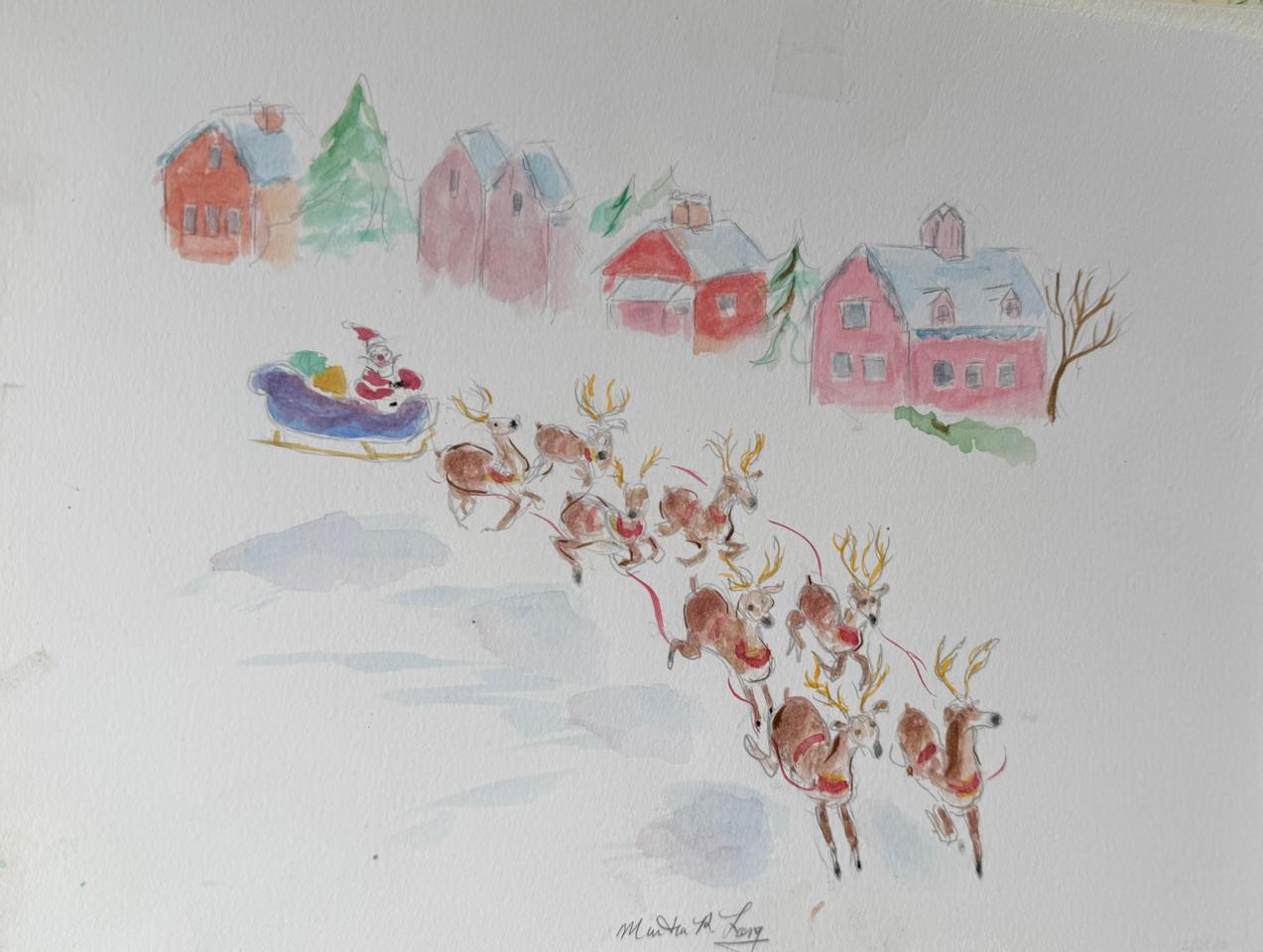 Martha R. Lang - Watercolors - Santa Delivering Gifts