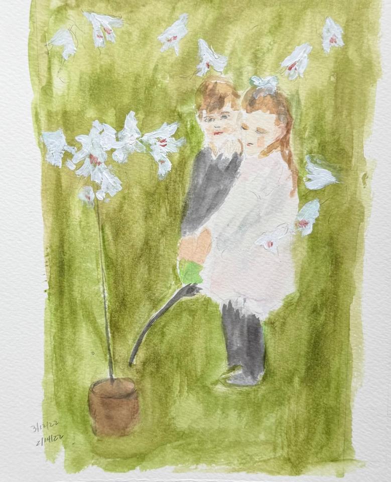 Martha R. Lang - Watercolors - Two Children Watering Flowers
