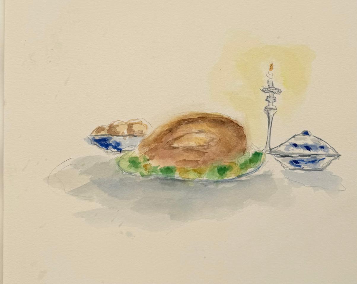 Martha R. Lang - Watercolors - Roasted Turkey on the Table