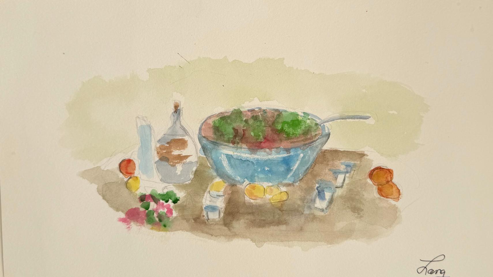 Martha R. Lang - Watercolors - Salad in a Blue Bowel