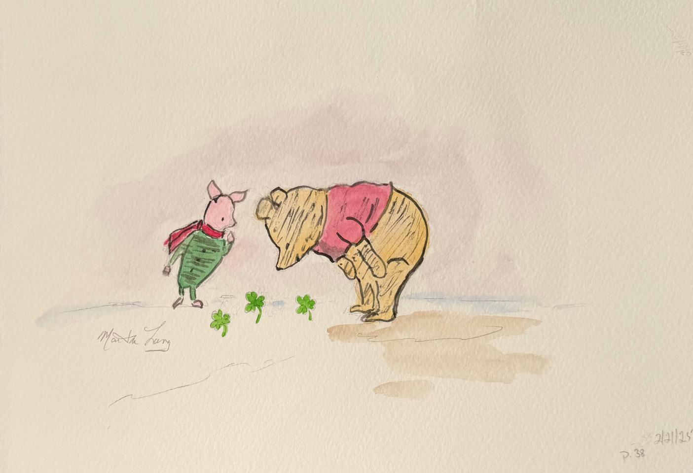 Martha R. Lang - Watercolors - Winnie and Piglet Look for Shamrocks
